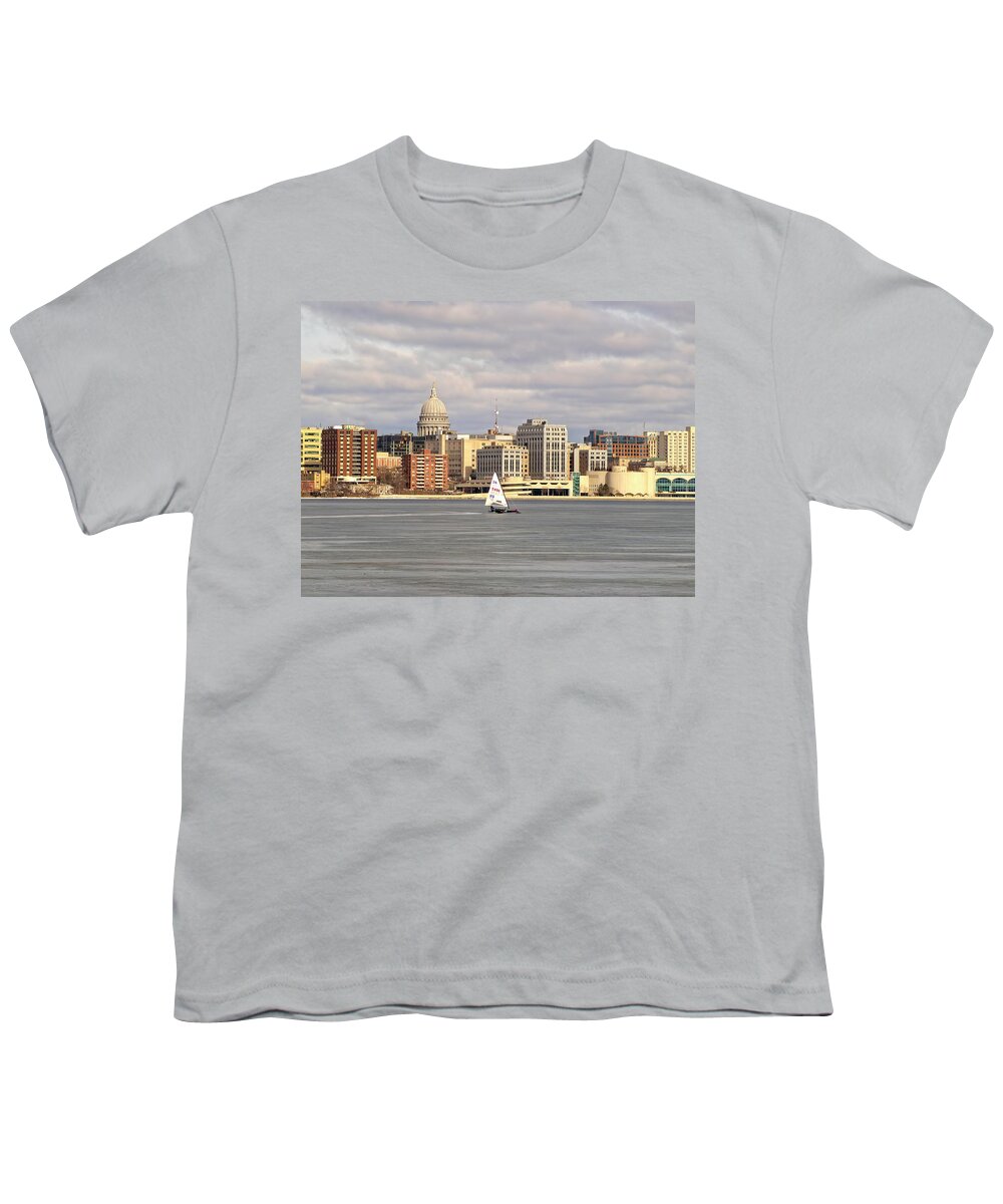 Ice Boats Youth T-Shirt featuring the photograph Ice boat and Capitol - Madison - Wisconsin by Steven Ralser