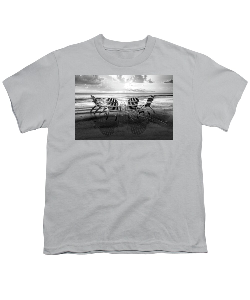 Black Youth T-Shirt featuring the photograph Living the Beach Life Black and White by Debra and Dave Vanderlaan