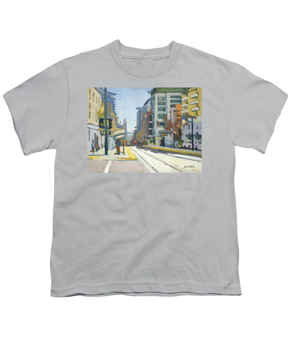 San Diego Youth T-Shirt featuring the painting Park and Market Trolley - San Diego, California by Paul Strahm