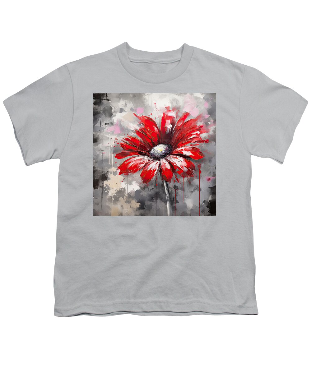 Red And Gray Art Youth T-Shirt featuring the digital art Red Gerbera Daisy in Impressionist Style - Red Art by Lourry Legarde