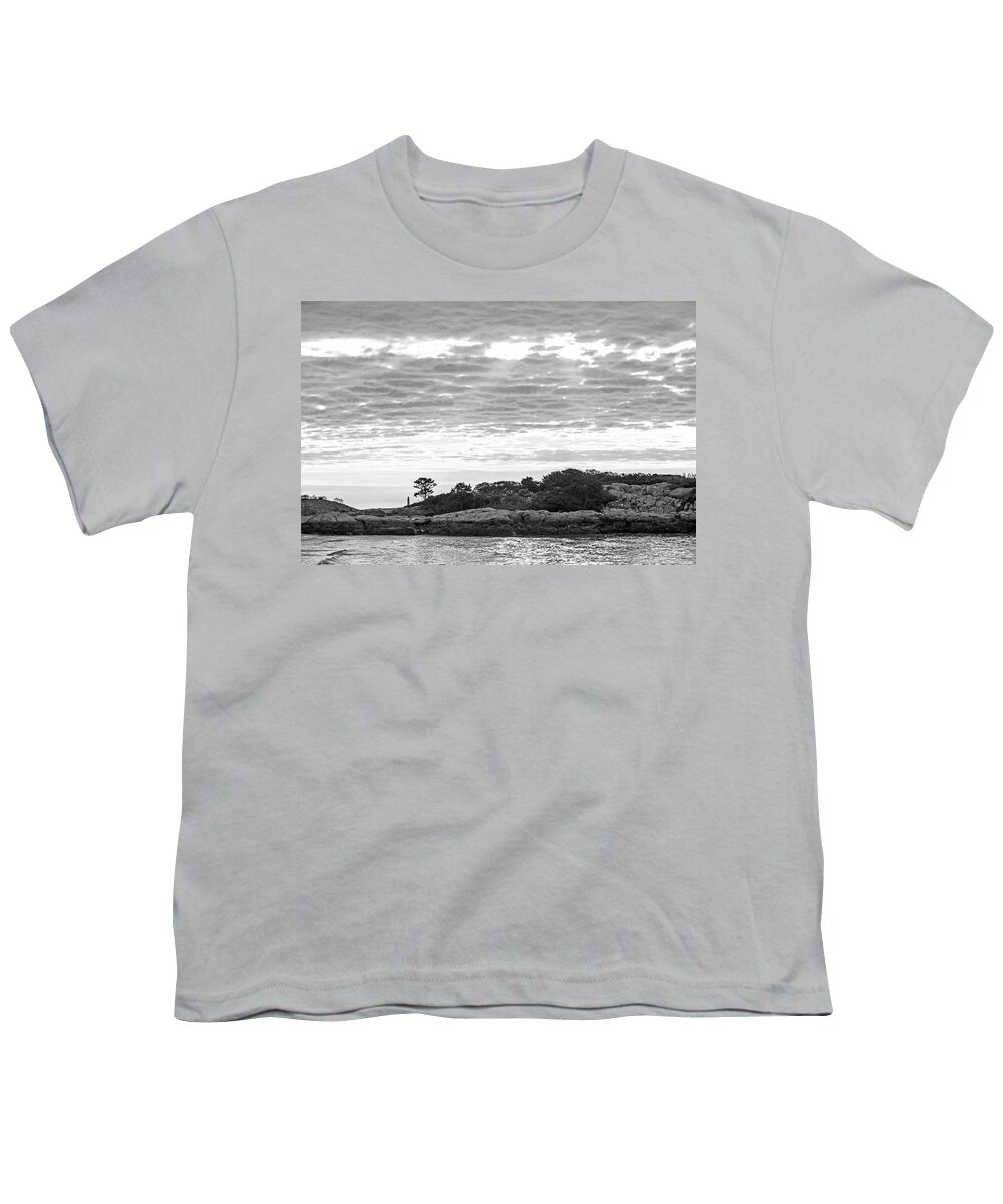Rockport Youth T-Shirt featuring the photograph Sunbeams coming down on Thacher Lighthouse and Long Beach Rockport Massachusetts Black and White by Toby McGuire