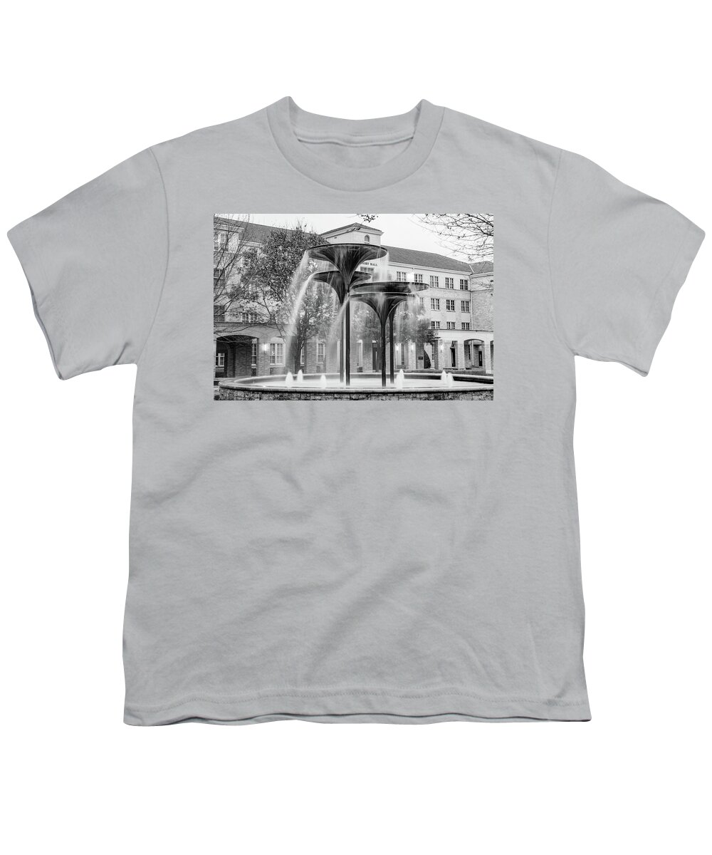 Tcu Youth T-Shirt featuring the photograph The Horned Frog Fountain At TCU - Black and White by Gregory Ballos