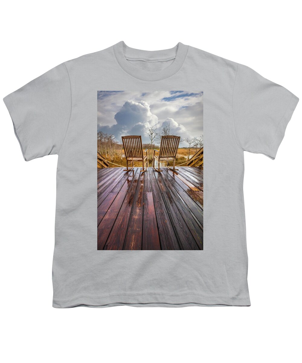 Clouds Youth T-Shirt featuring the photograph Two Chairs after the Rain by Debra and Dave Vanderlaan