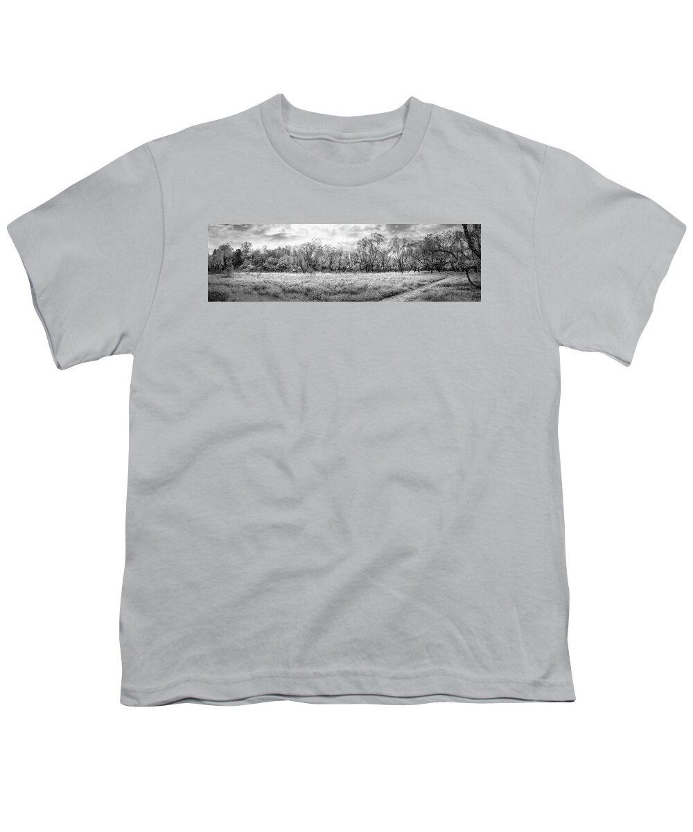 Carolina Youth T-Shirt featuring the photograph Wildflower Meadow Panorama Black and White by Debra and Dave Vanderlaan