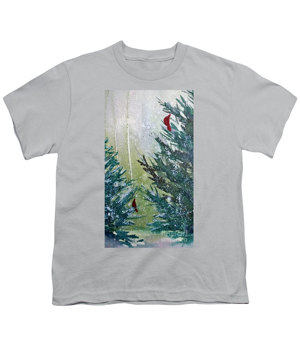 Winter Themed Cards Youth T-Shirt featuring the painting Winter Cardinals by Eunice Miller