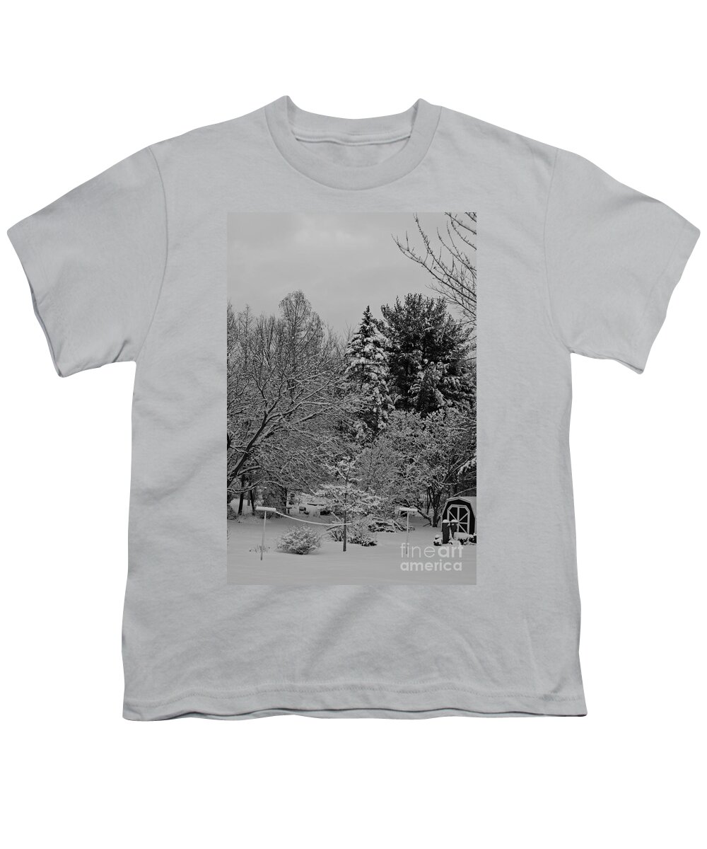 Landscape Photography Youth T-Shirt featuring the photograph Winter Clothesline - Black and White by Frank J Casella