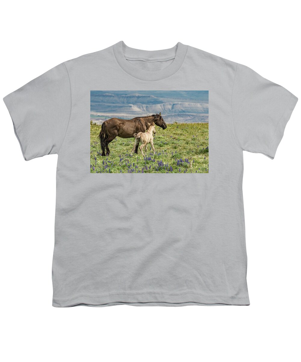 Pryor Mountains Youth T-Shirt featuring the photograph Wobbly Legs Leaning on Mama by Marcy Wielfaert
