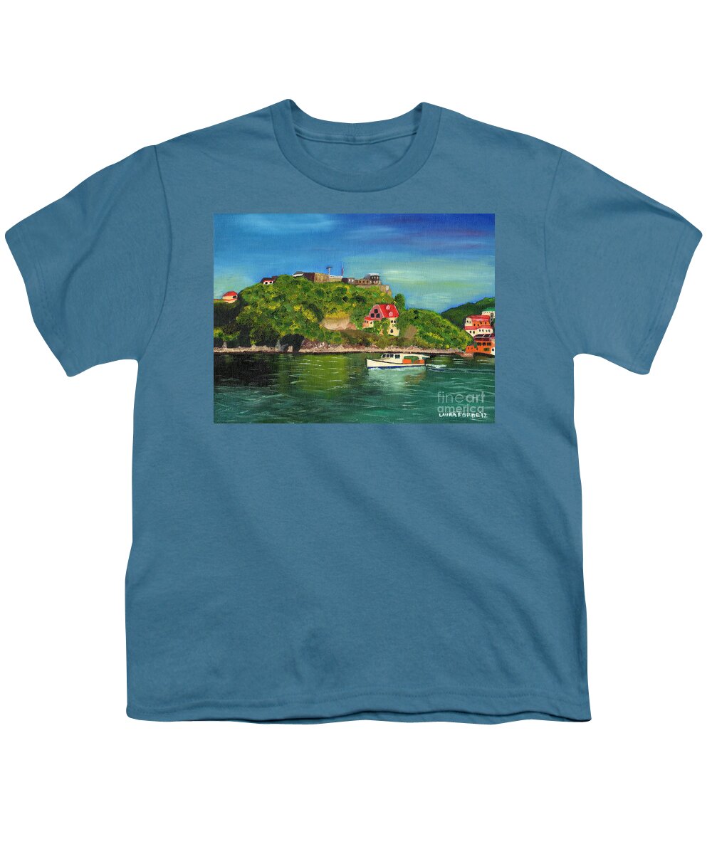 Fort George Youth T-Shirt featuring the painting Fort George Grenada by Laura Forde
