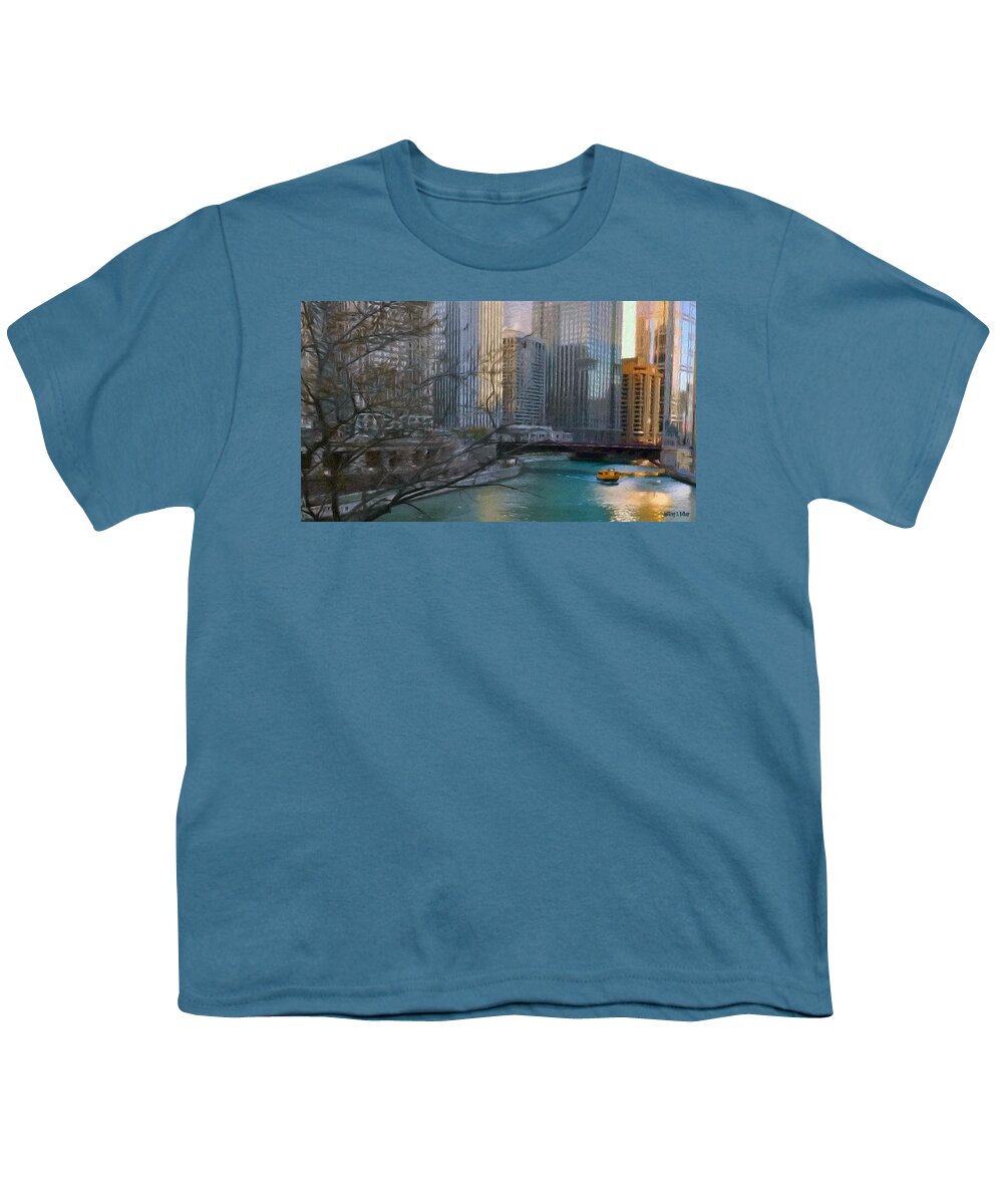 Architecture Youth T-Shirt featuring the painting Chicago River Sunset by Jeffrey Kolker