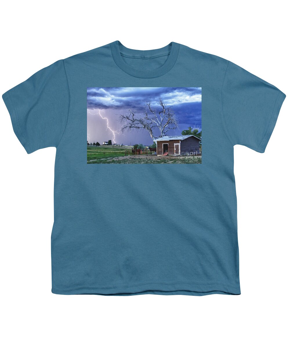 Country Youth T-Shirt featuring the photograph Country Horses Lightning Storm NE Boulder County CO HDR by James BO Insogna