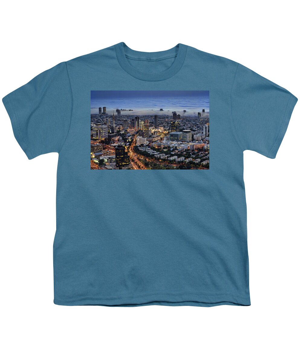 Israel Youth T-Shirt featuring the photograph Evening City Lights by Ron Shoshani