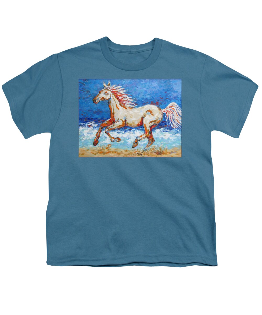  Beach Youth T-Shirt featuring the painting Galloping Horse on Beach by Jyotika Shroff