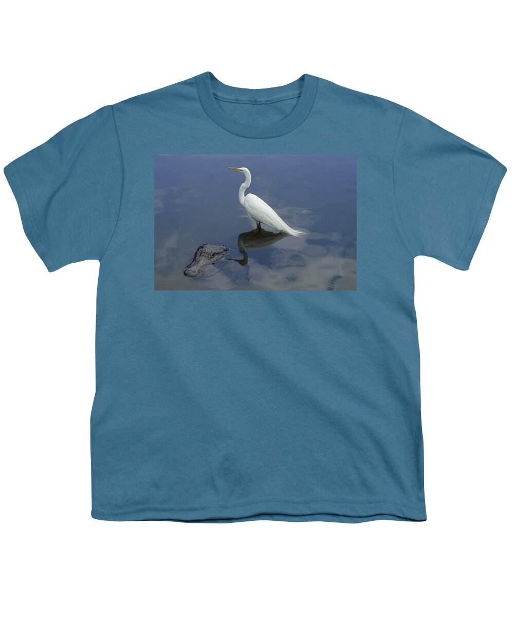 Feb0514 Youth T-Shirt featuring the photograph Great Egret Atop American Alligator by Heidi & Hans-Juergen Koch