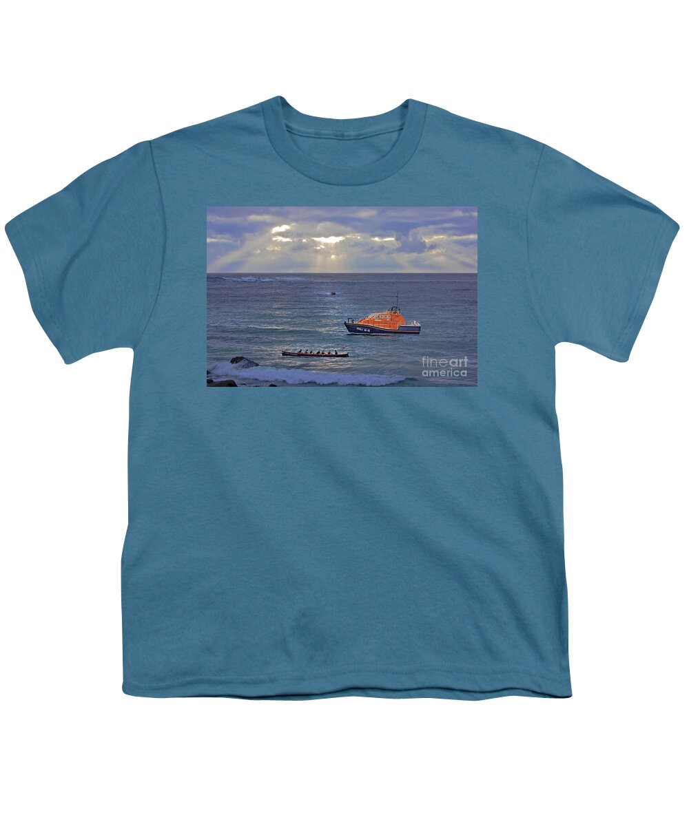 Sennen Cove Youth T-Shirt featuring the photograph Lifeboats and a Gig by Terri Waters