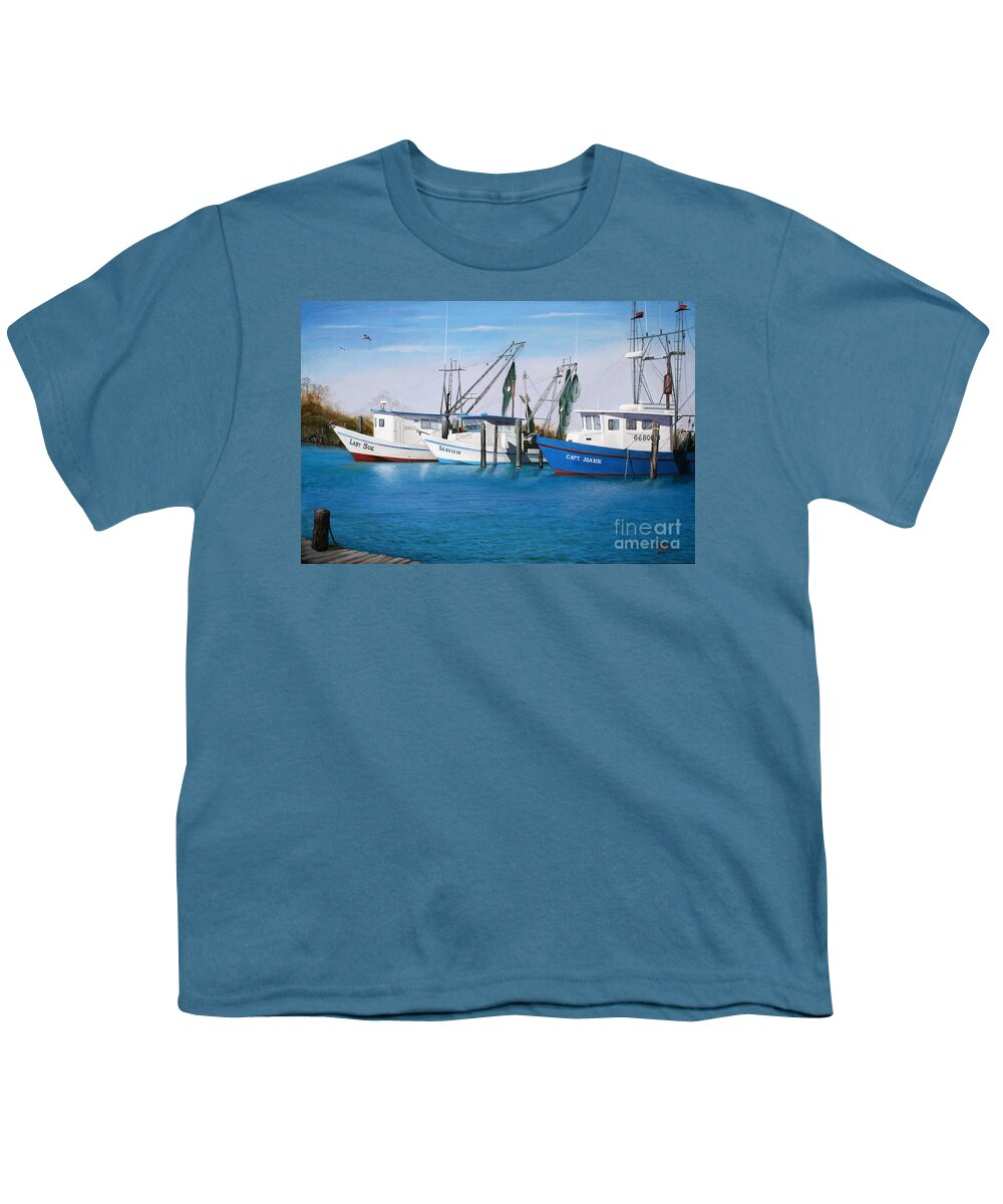 Matagorda Texas Youth T-Shirt featuring the painting Matagorda Boats by Jimmie Bartlett