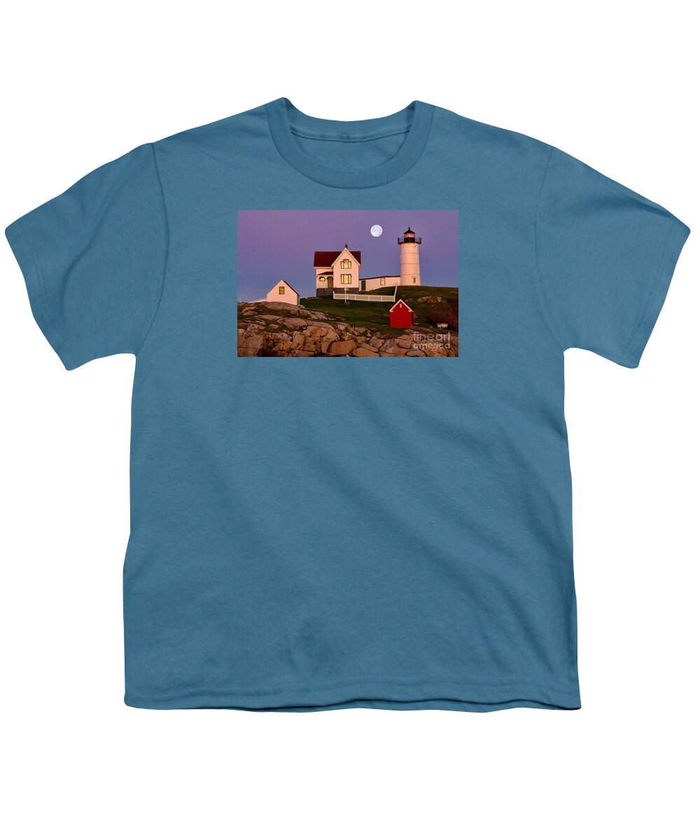 Moon Youth T-Shirt featuring the photograph Nubble Lighthouse and Moon by Jerry Fornarotto