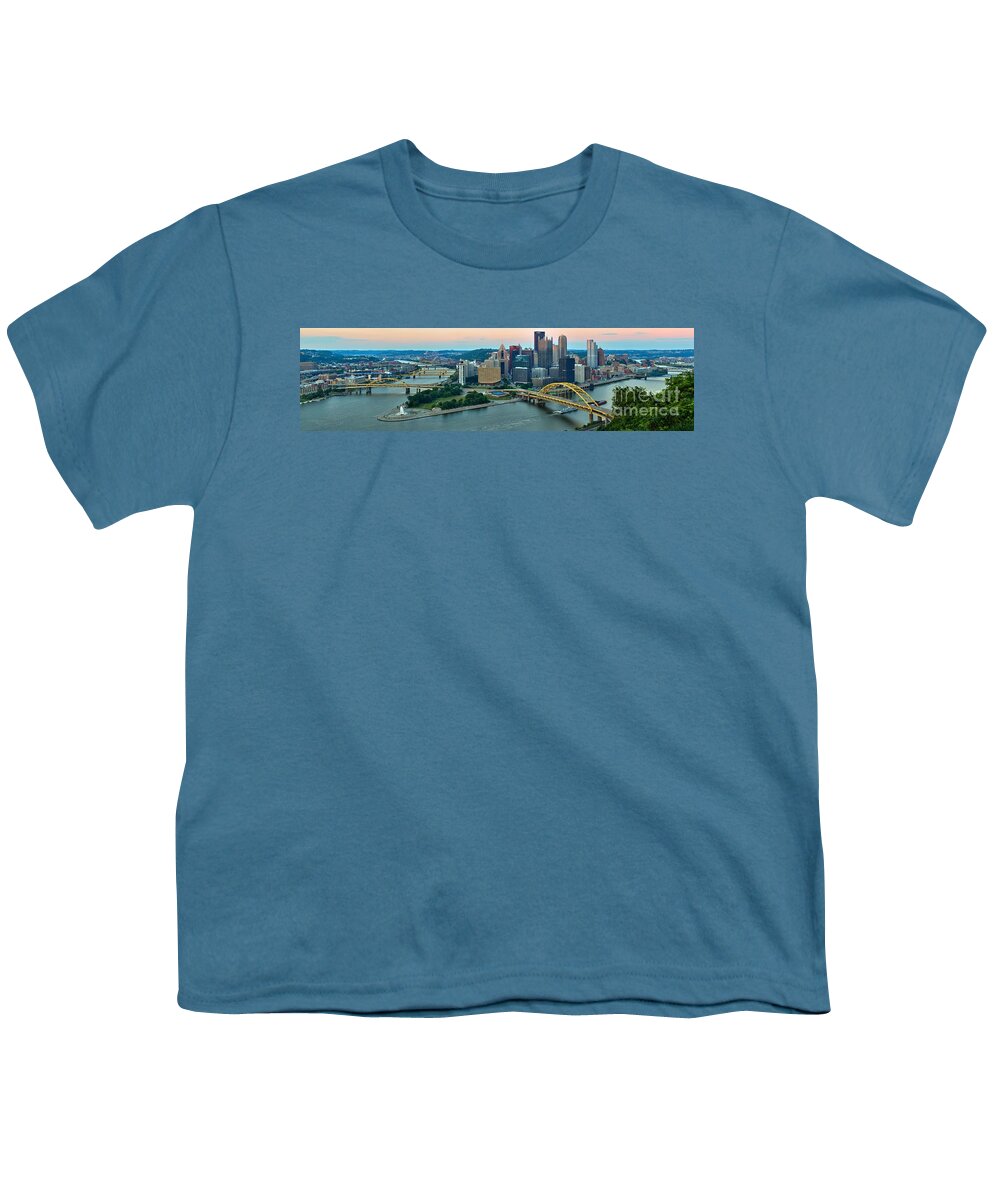 Pittsburgh Skyline Youth T-Shirt featuring the photograph Pittsburgh Panorama At Dusk by Adam Jewell