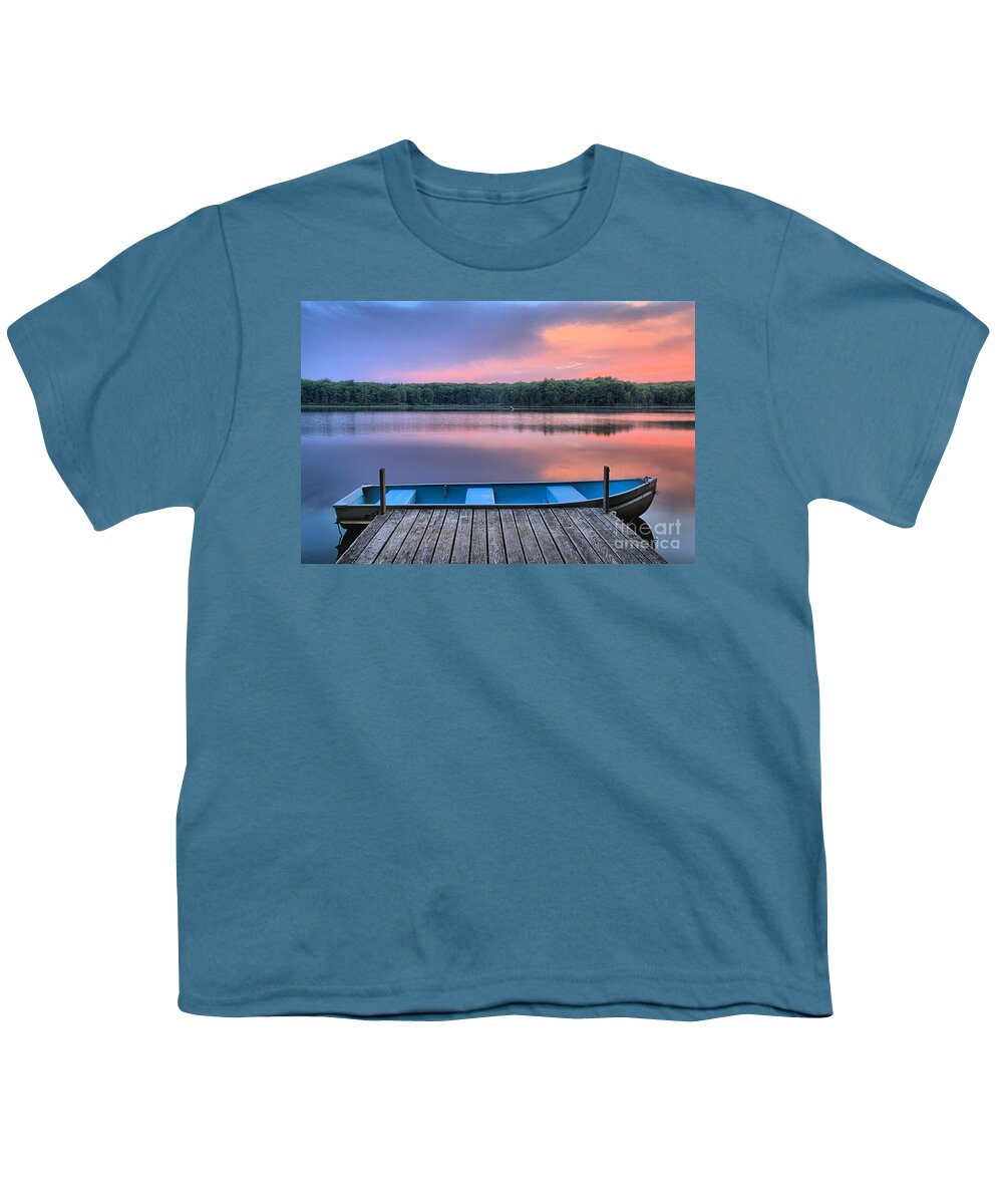 Rowboat On Lake Whitney Youth T-Shirt featuring the photograph Poconos Lake Whitney Sunset Rowboat by Adam Jewell