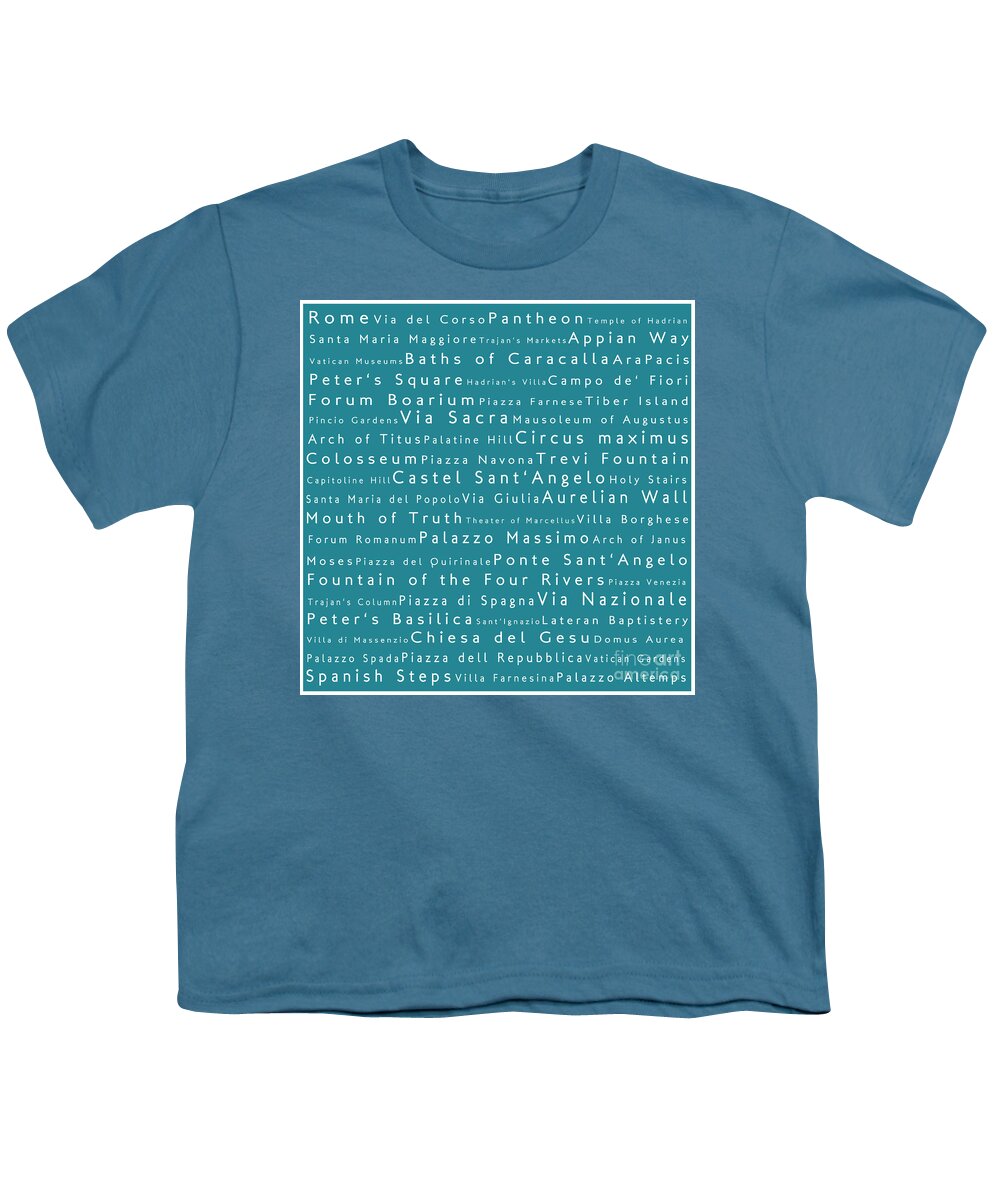 Cities Youth T-Shirt featuring the photograph Rome in Words Teal by Sabine Jacobs