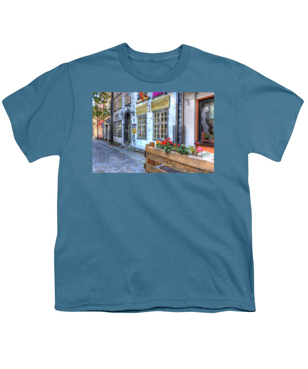 Riga Youth T-Shirt featuring the photograph Shops and Flower Boxes by Claudio Bacinello
