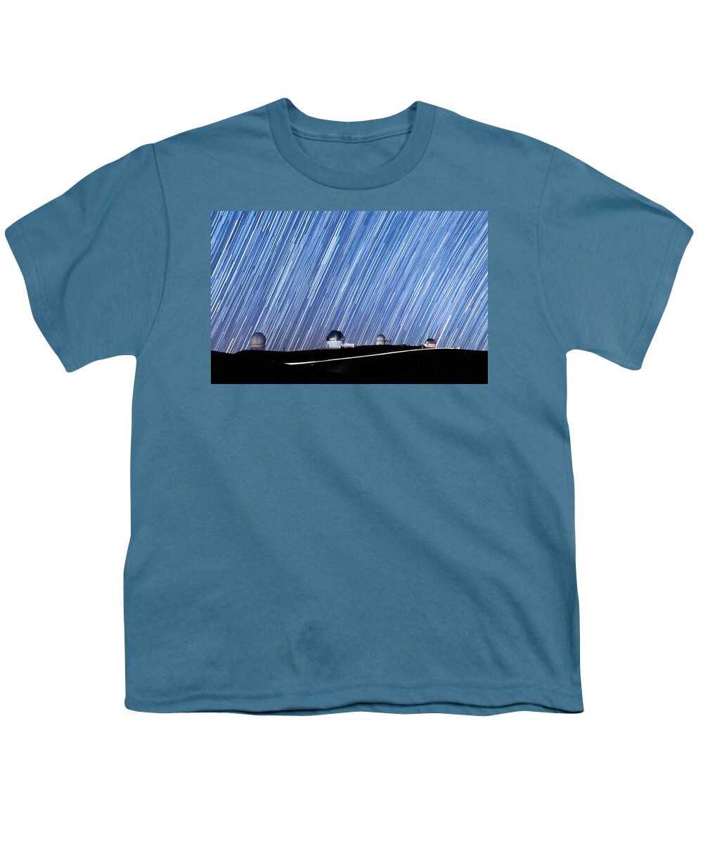Big Island Youth T-Shirt featuring the photograph Trails of Light Above Mauna Kea Observatory by Jason Chu