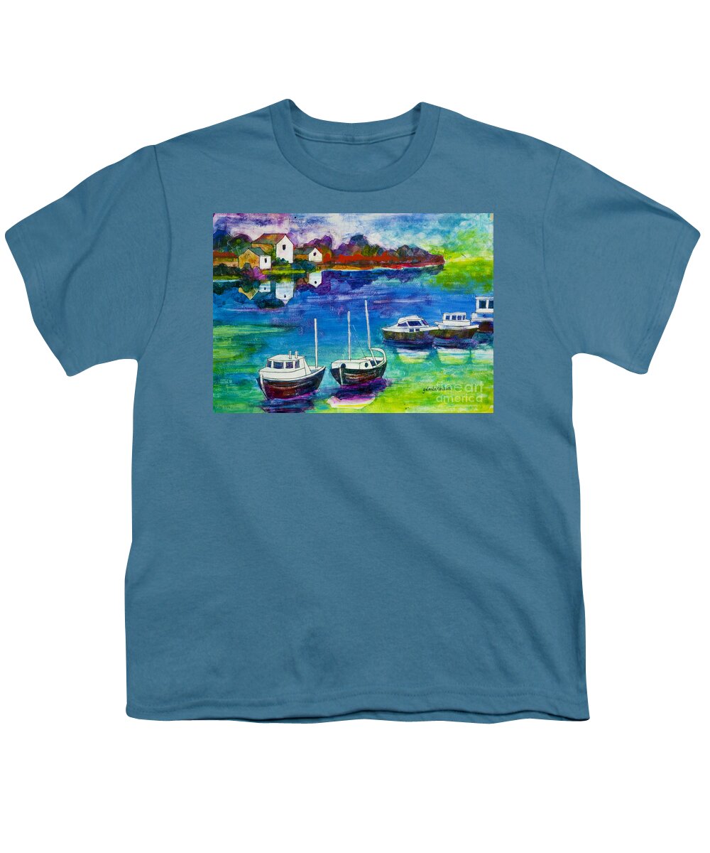 Boats Youth T-Shirt featuring the painting A Fishing Village by Yolanda Koh