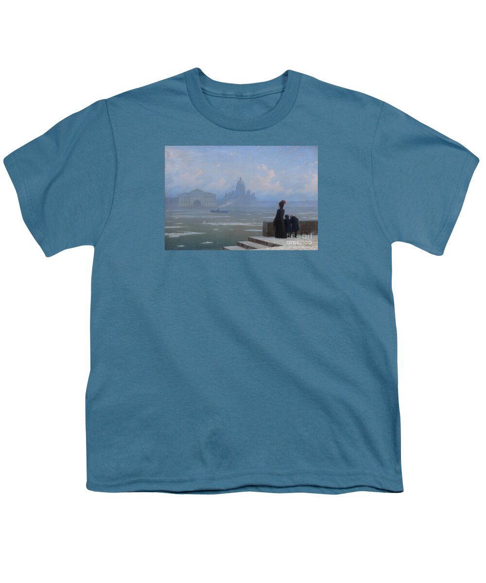 Grigory Kalmykov Youth T-Shirt featuring the painting Floating of Ice on the Neva River by Grigory Kalmykov