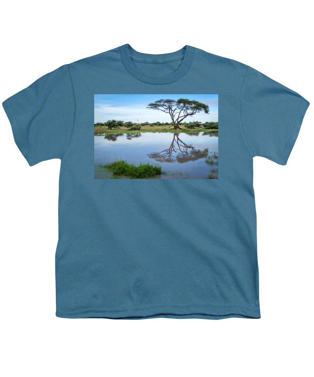 1 Pid Color Open Youth T-Shirt featuring the photograph Acacia Tree Reflection #1 by Gregory Daley MPSA