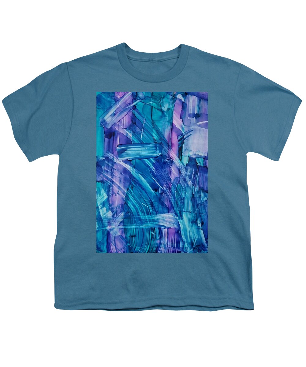 Alcohol Ink Abstract On Yupo Youth T-Shirt featuring the painting Blues #1 by Donna Perry