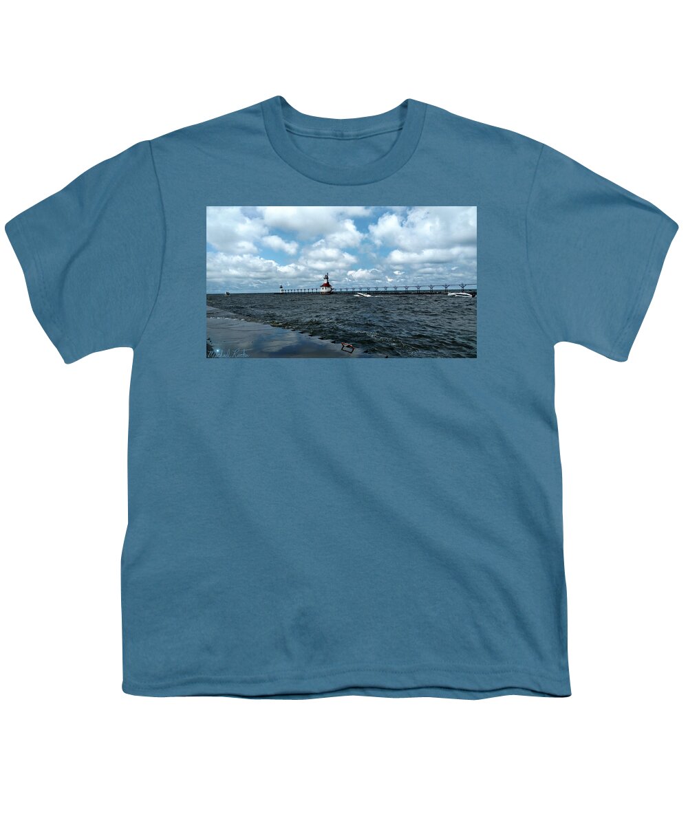 Lighthouse Youth T-Shirt featuring the photograph Frozen Handrails St Joseph Lighthouse by Michael Rucker