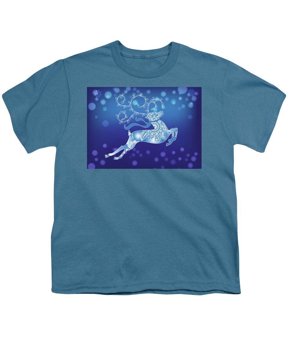 Blue Christmas Reindeer Youth T-Shirt featuring the digital art Abstract Blue Christmas Reindeer by Serena King