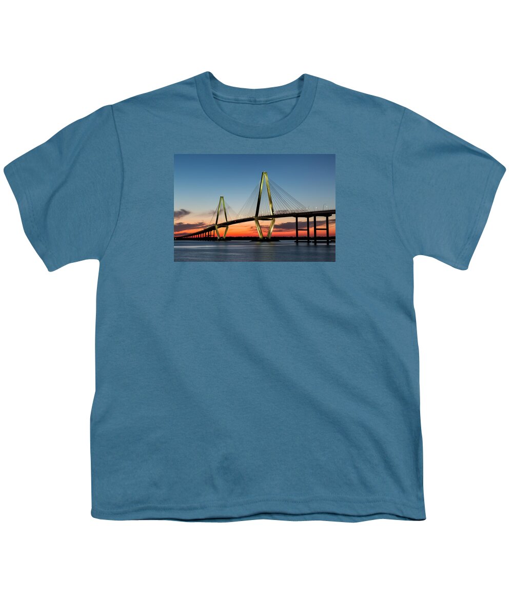Arthur Ravenel Bridge Youth T-Shirt featuring the photograph Arthur Ravenel Bridge, Charleston at Twilight by Denise Bush