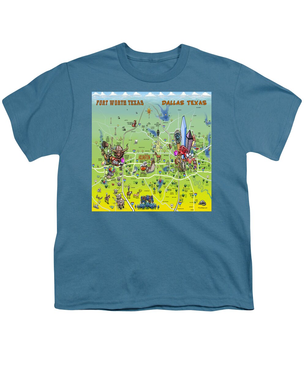 Dallas Youth T-Shirt featuring the painting Dallas Fort Worth Cartoon Map by Kevin Middleton
