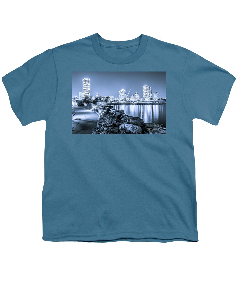America Youth T-Shirt featuring the photograph Blue Milwaukee Skyline at Night Picture by Paul Velgos
