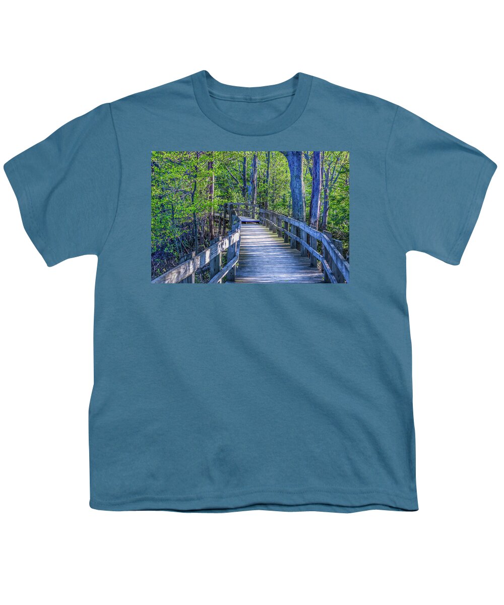 Landscape Youth T-Shirt featuring the photograph Boardwalk Going Into the Woods by Lester Plank