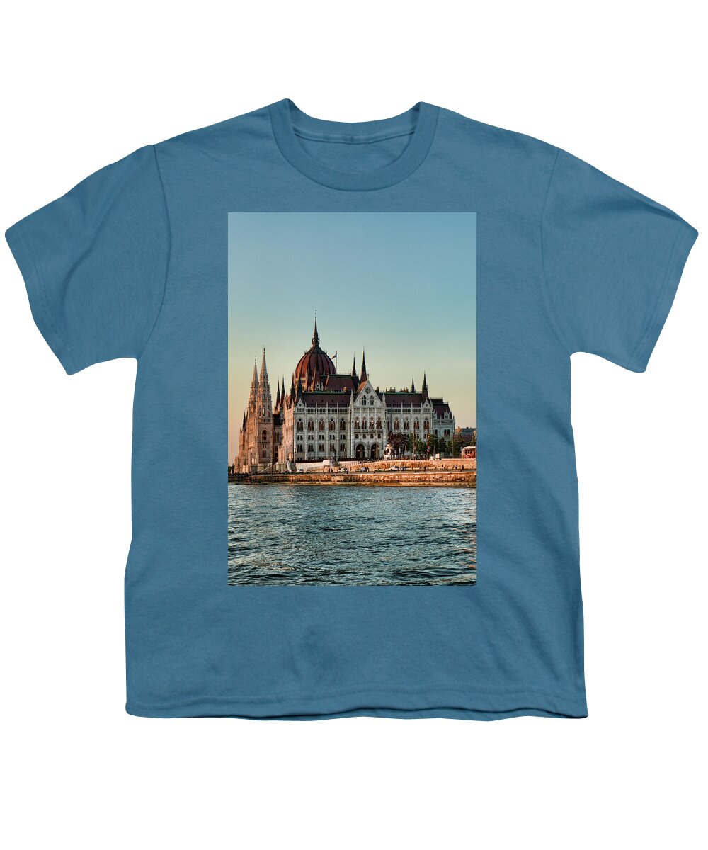 Budapest Youth T-Shirt featuring the photograph Budapest Parliament at Dusk by Sharon Popek