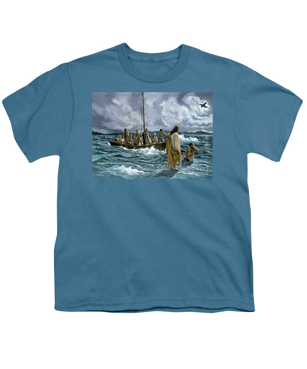 Christ Youth T-Shirt featuring the painting Christ walking on the Sea of Galilee by English School