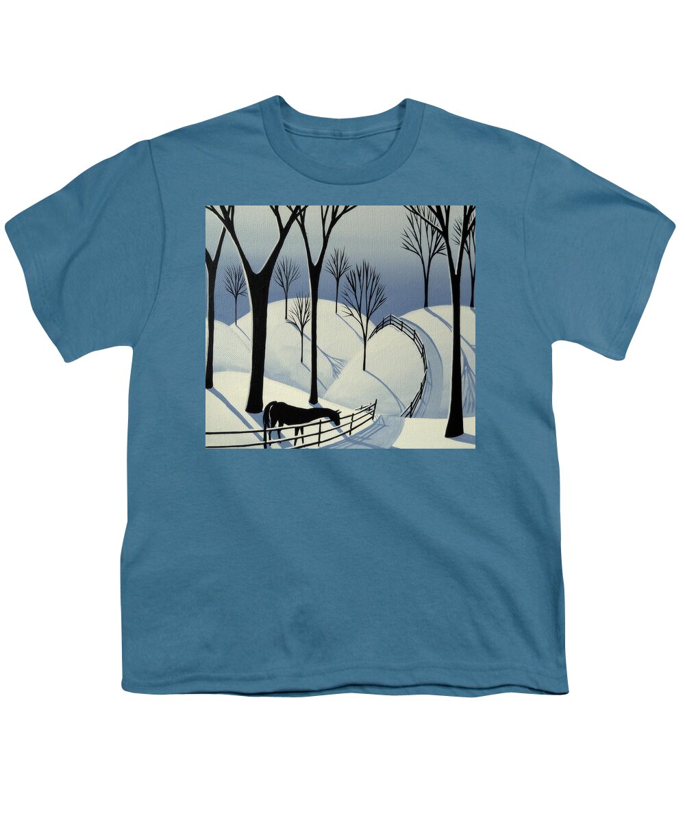 Folk Art Youth T-Shirt featuring the painting Country Winter Road - horse snow folk art by Debbie Criswell
