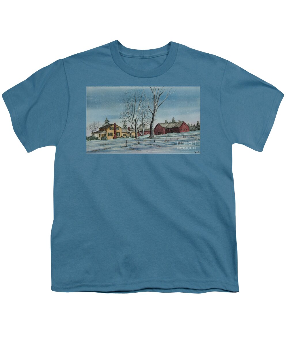 Farmhouse Youth T-Shirt featuring the painting Cozy Winter Night by Charlotte Blanchard