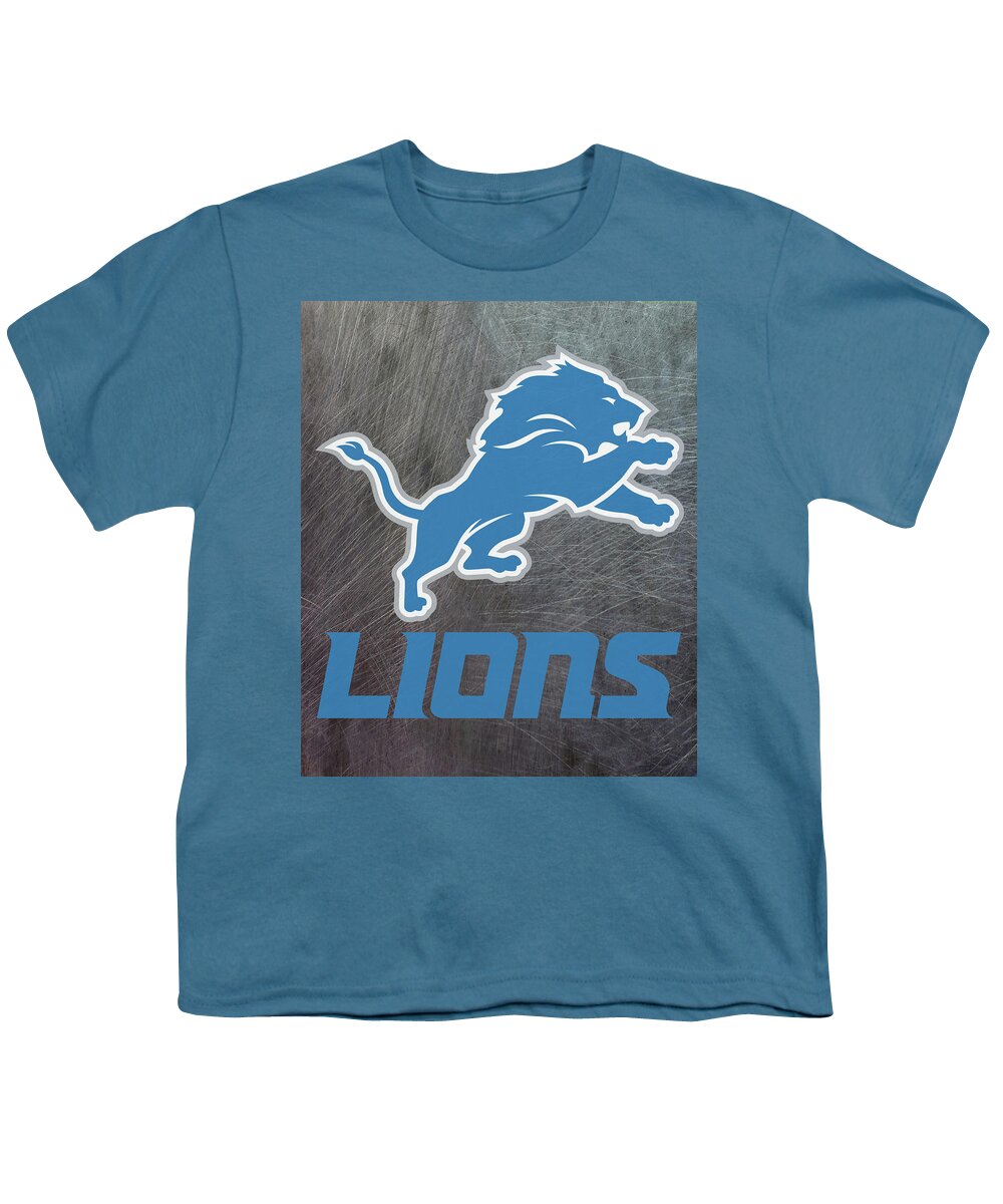 Detroit Lions Youth T-Shirt featuring the mixed media Detroit Lions on an abraded steel texture by Movie Poster Prints