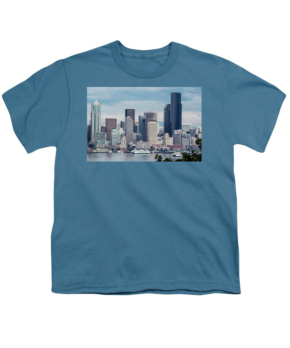 Bainbridge And Bremerton Ferries Youth T-Shirt featuring the photograph Downtown Seattle and Ferries by E Faithe Lester