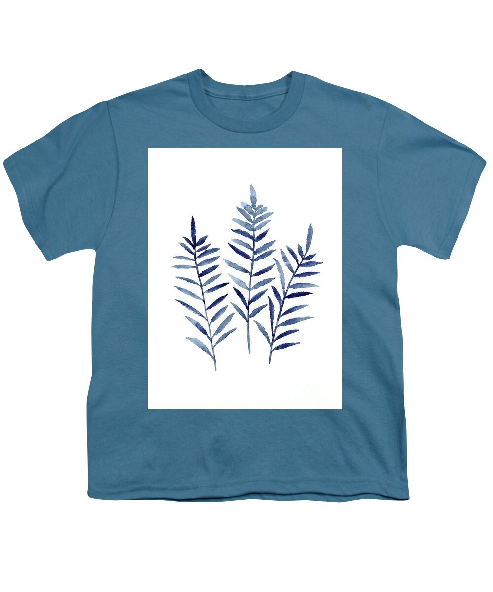  Painting Youth T-Shirt featuring the painting Fern Plant Print Navy Blue Botanical Wall Decor, Abstract Home Garden Art Print, by Joanna Szmerdt