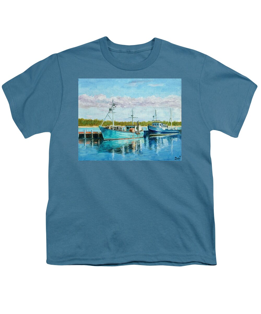 Fishing Youth T-Shirt featuring the painting Fishing Boats in Lakes Entrance by Dai Wynn