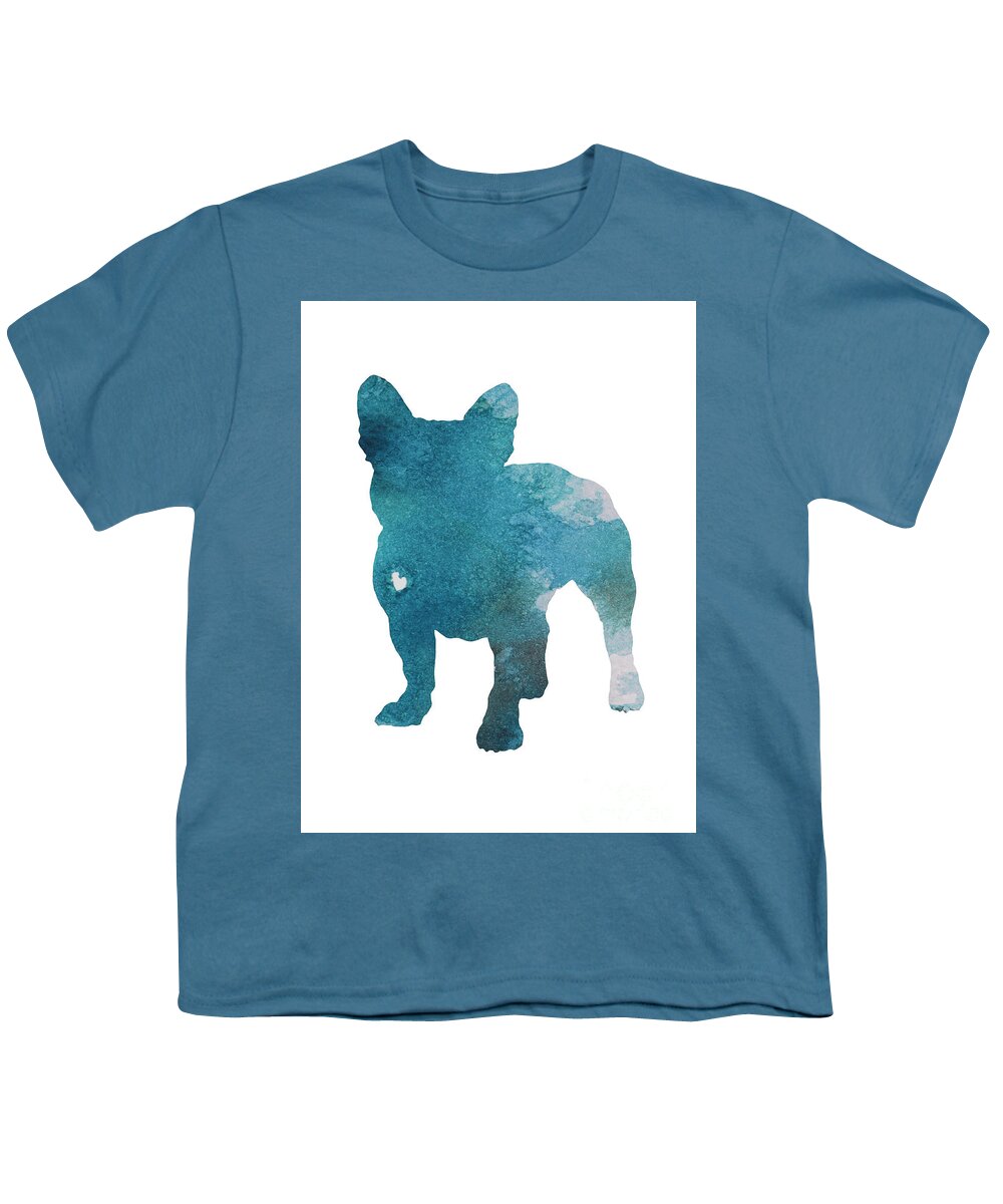  Drawing & Illustration Youth T-Shirt featuring the painting French Bulldog Silhouette Blue Kids Play Room Decor, Turquoise Frenchie Print Nursery Boy Room Art by Joanna Szmerdt