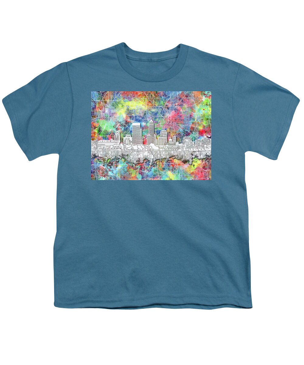 Indianapolis Youth T-Shirt featuring the painting Indianapolis Skyline Watercolor 8 by Bekim M