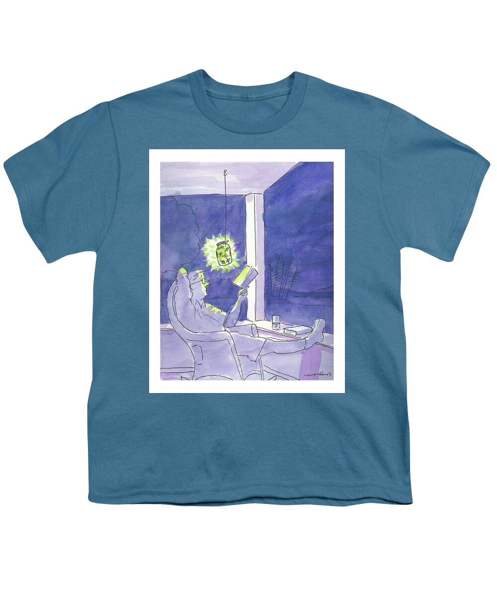 Book Youth T-Shirt featuring the drawing Man reads by the light of fireflies. by Michael Crawford