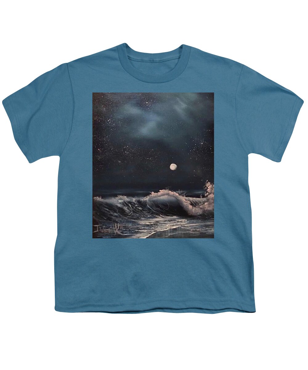 Beach Wave Ocean Lbi Long Beach Island Moon Sky Clouds Youth T-Shirt featuring the painting Midnight surf by Justin Wozniak