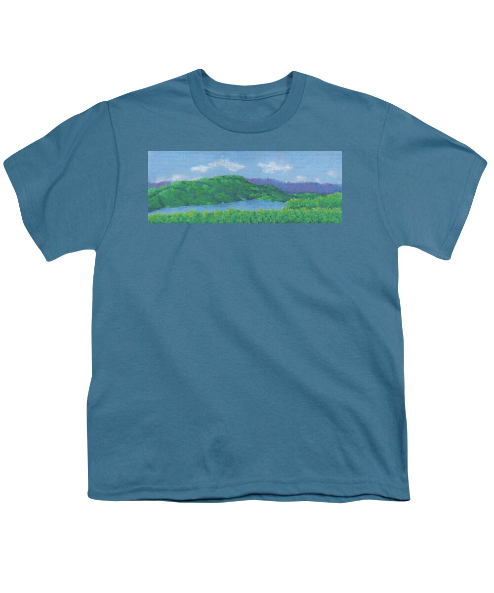 Kripalu Youth T-Shirt featuring the pastel Misted Mountains by Anne Katzeff