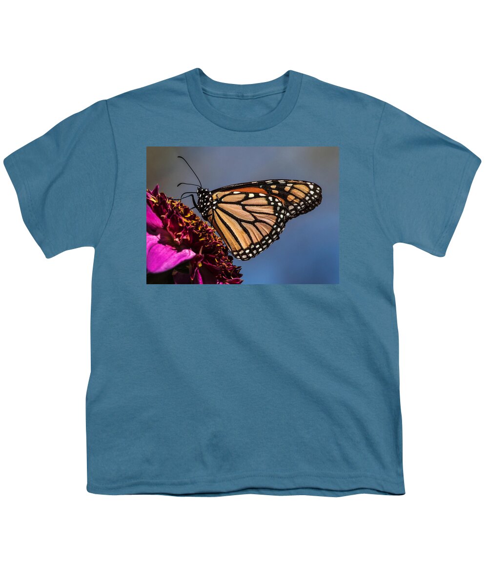 Monarch Youth T-Shirt featuring the photograph Monarch Butterfly on Pink Dahlia by Dawn Key