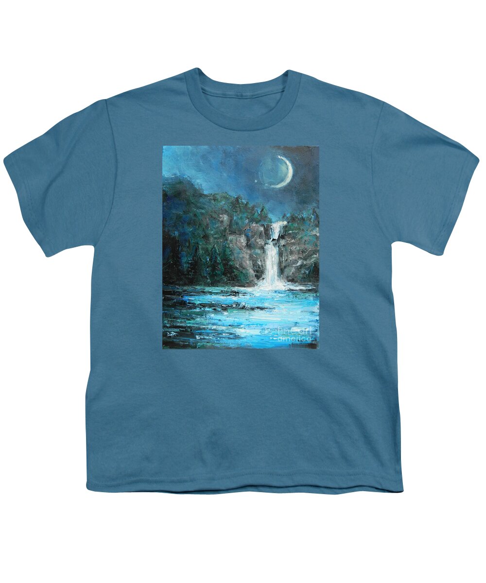 Waterfall Youth T-Shirt featuring the painting Moon over Linville Gorge by Dan Campbell